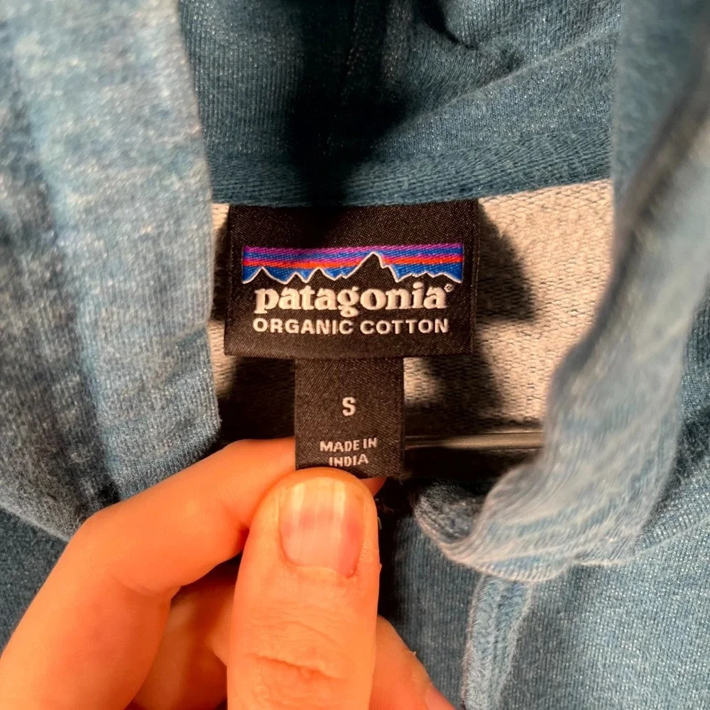 Patagonia Jacket Mens Small Blue Organic Cotton Wordmark Logo Full Zip Hooded